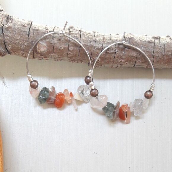 boho earrings 376#mfs Agate and Quartz hoop earrings Autumn fairy gemstone chip - Picture 5 of 5